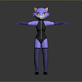 Anthropomorphic Purple Cat Character In Black Bodysuit With Open Arms Standing Pose