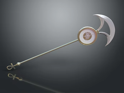 Metallic Crescent Blade Weapon With Long Handle And Circular Engraved Ornament 3d model
