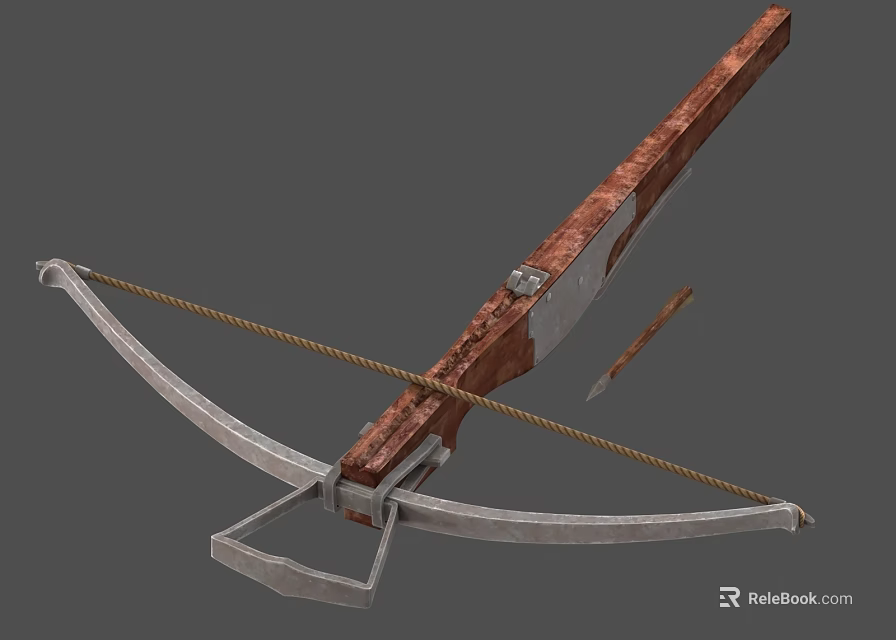 Detailed Traditional Crossbow Weapon With Wooden Stock Metal Bowstring And Arrow 3d model 