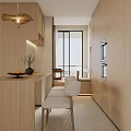 Modern Living Dining Room Interior with Open Kitchen Cabinets Marble Countertop and Blinds