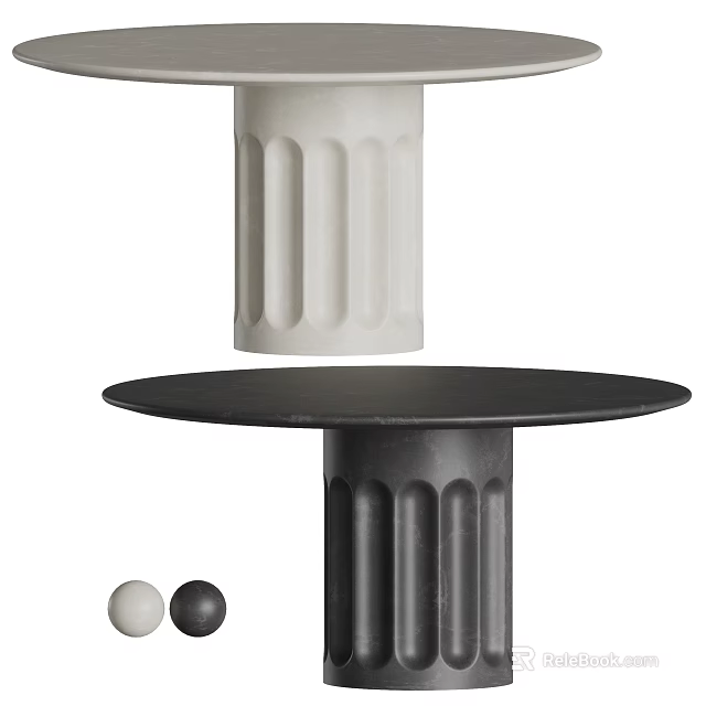 Minimalist Black Round Dining Table With Column Base And Decorative Balls Plus White Pendant Light 3d model