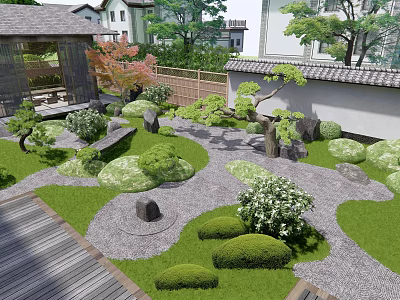 Traditional Japanese Courtyard Garden With Rock Formations Pruned Shrubs And Gravel Paths 3d model