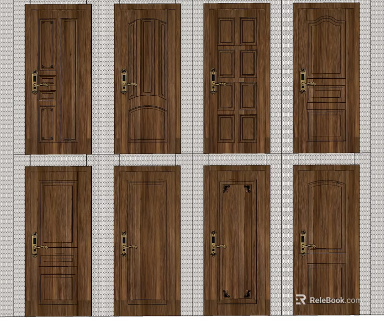 Various Wooden Hinged Doors With Different Panel Designs And Handles 3d model