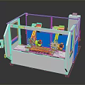 Industrial Automated Equipment With Yellow Robotic Arms Blue Panels And Control Panel