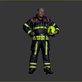 A Man in Firefighter Uniform with Hands on Hips Holding Yellow Helmet Against Grey Background