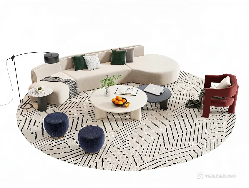 Modern L Shaped Sectional Sofa Set with Green White Pillows Coffee Table and Accent Chair 3d model 