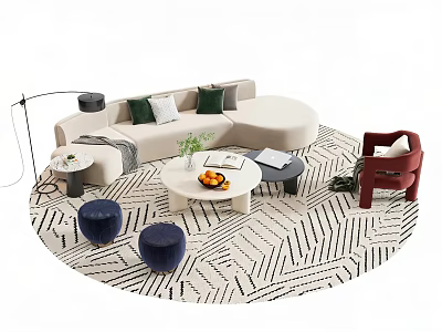 Modern L Shaped Sectional Sofa Set with Green White Pillows Coffee Table and Accent Chair 3d model