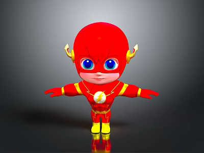 Red Cartoon Superhero Character Featuring Big Blue Eyes Yellow Lightning Symbol And Outstretched Arms 3d model