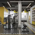 Modern Fitness Gym Interior With Boxing Ring Treadmill White Chairs Tables And Bright Lighting