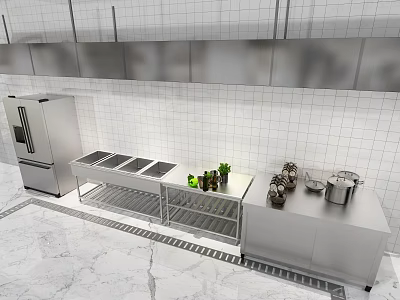 Modern Kitchen With Stainless Steel Appliances Refrigerator Stove Countertop Cabinets And Marble Floor 3d model