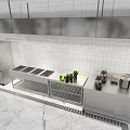 Modern Kitchen With Stainless Steel Appliances Refrigerator Stove Countertop Cabinets And Marble Floor