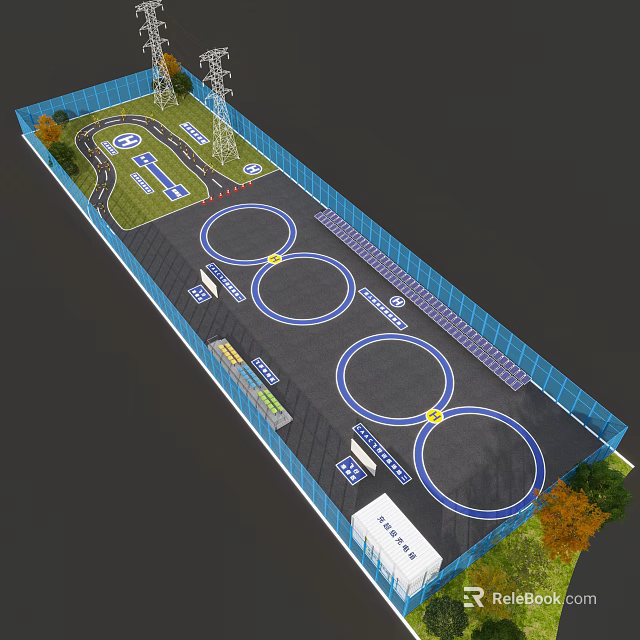 Aerial View Planning of Site Layout With Circular Tracks Fencing Roads and Green Belts 3d model 