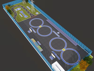 Aerial View Planning of Site Layout With Circular Tracks Fencing Roads and Green Belts 3d model