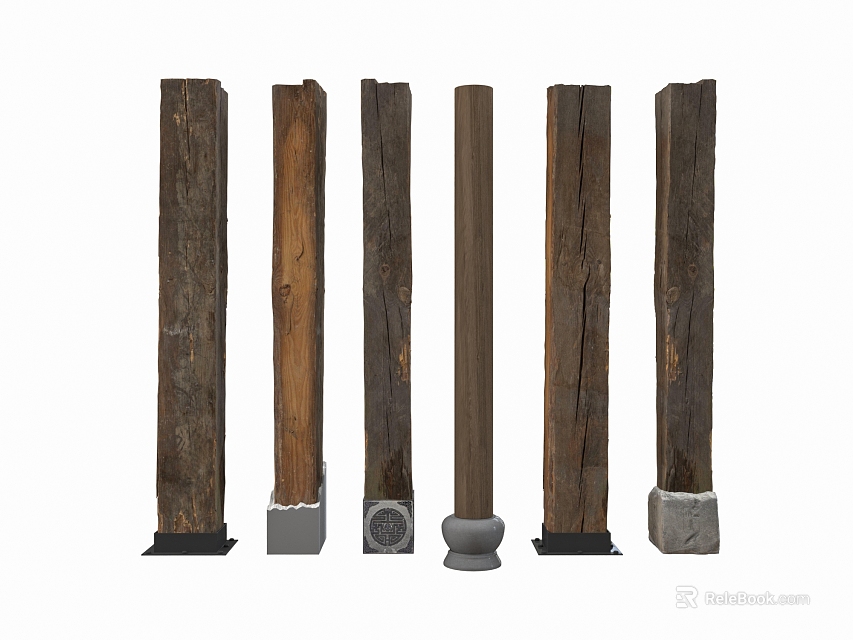 Wooden Decorative Columns Featuring Various Base Styles Natural Textures And Brown Hues 3d model 