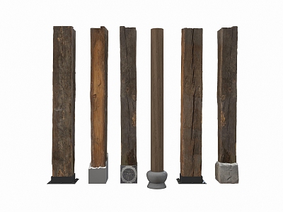 Quiet pillars, old wooden pillars, old wooden boards, wooden beams, column heads, columns 3d model