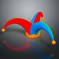 Colorful Pointed Jester Hat With Red Blue Green Points Yellow Pom Poms And Orange Brim