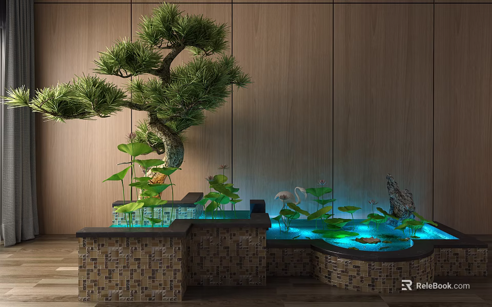 Garden Ornament With Bonsai Pine Tree Water Feature Green Plants Koi Fish And Wooden Background 3d model 