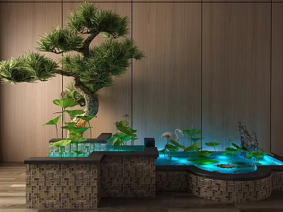 Garden Ornament With Bonsai Pine Tree Water Feature Green Plants Koi Fish And Wooden Background 3d model