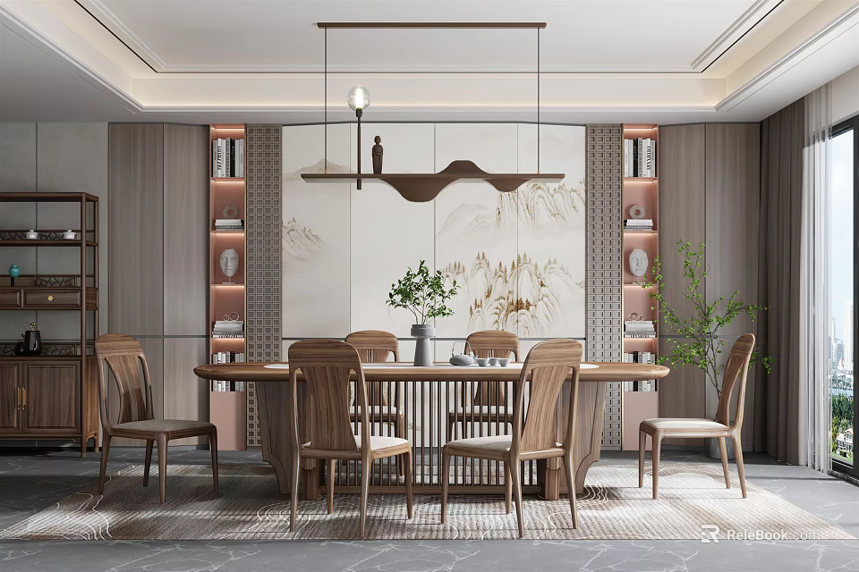 Elegant Chinese Restaurant Interior With Wooden Dining Table Chairs Landscape Painting And Hanging Lamp 3d model 