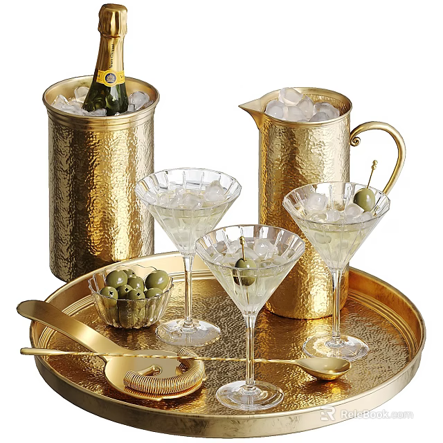 Champagne Bottle And Martini Glasses On Gold Tray With Ice Bucket Pitcher And Olives 3d model 