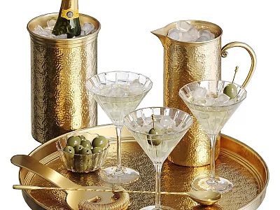 Champagne Bottle And Martini Glasses On Gold Tray With Ice Bucket Pitcher And Olives 3d model