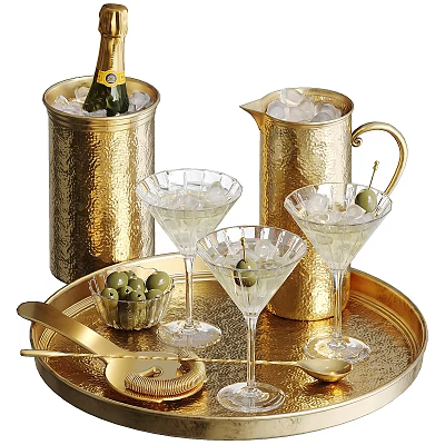 Champagne Bottle And Martini Glasses On Gold Tray With Ice Bucket Pitcher And Olives 3d model