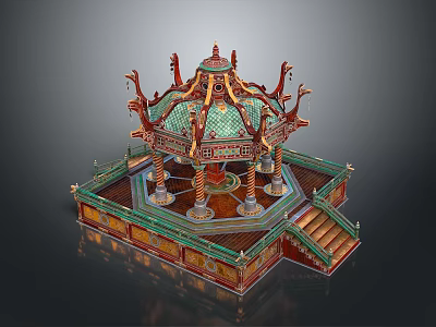 Traditional Chinese Pavilion Architecture With Ornate Green Tiles Golden Decor Stairs And Base 3d model