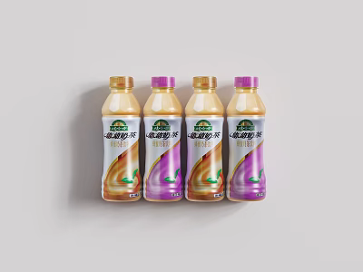 Four Colorful Beverage Bottles with Brown Purple Bodies and Yellow Purple Caps 3d model