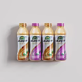 Four Colorful Beverage Bottles with Brown Purple Bodies and Yellow Purple Caps