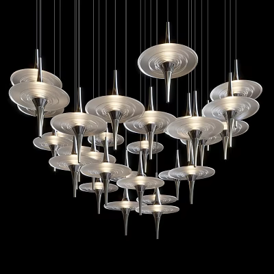Modern Silver Disc Chandeliers With Conical Base Hanging In Cluster 3d model