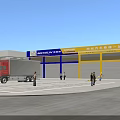 Industrial Warehouse Featuring Red Truck Yellow White Exterior Blue Signage and People Around