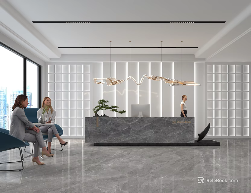 Modern Front Desk Reception with Marble Countertop Golden Chandelier Female Receptionist and Two Women Chatting 3d model 