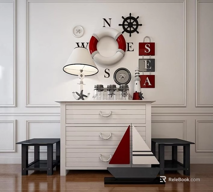 White Chest of Drawers with Nautical Decor Table Lamp and Black Stools on Paneled Wall 3d model 