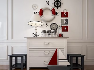 White Chest of Drawers with Nautical Decor Table Lamp and Black Stools on Paneled Wall 3d model
