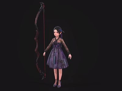 A Woman In Purple Dress With Long Sleeves Holding Bow On Dark Background 3d model