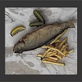 Grilled Fish Served with Crispy French Fries Lemon Wedge and Pickle on Paper