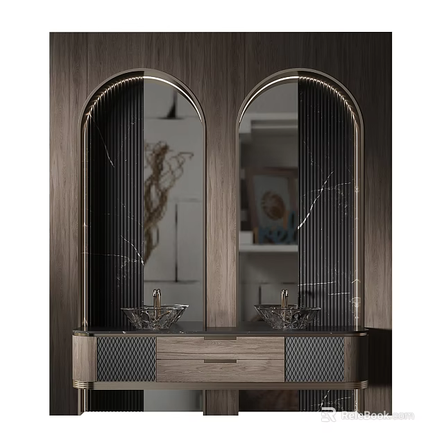 Elegant Double Washbasin Vanity With Arched Mirrors Marble Countertop And Gold Accents 3d model 