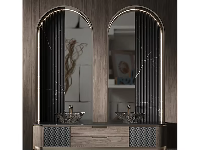 Elegant Double Washbasin Vanity With Arched Mirrors Marble Countertop And Gold Accents 3d model