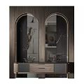 Elegant Double Washbasin Vanity With Arched Mirrors Marble Countertop And Gold Accents