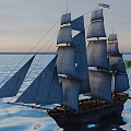 Tall Sailing Ship With Gray Sails Red Black Hull On Blue Ocean Clear Sky