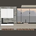 Modern Bathroom Vanity With Stone Backsplash Upper Cabinets White Countertop And Mountain View 3d model