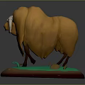 3D Musk Ox Character Model With Thick Brown Fur White Forehead Standing On Green Base