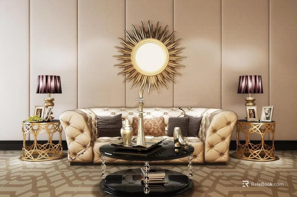 Luxurious Multi Seater Sofa Tufted Design With Gold Side Tables Purple Lampshades And Sunburst Mirror 3d model 