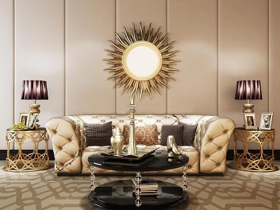 Luxurious Multi Seater Sofa Tufted Design With Gold Side Tables Purple Lampshades And Sunburst Mirror 3d model