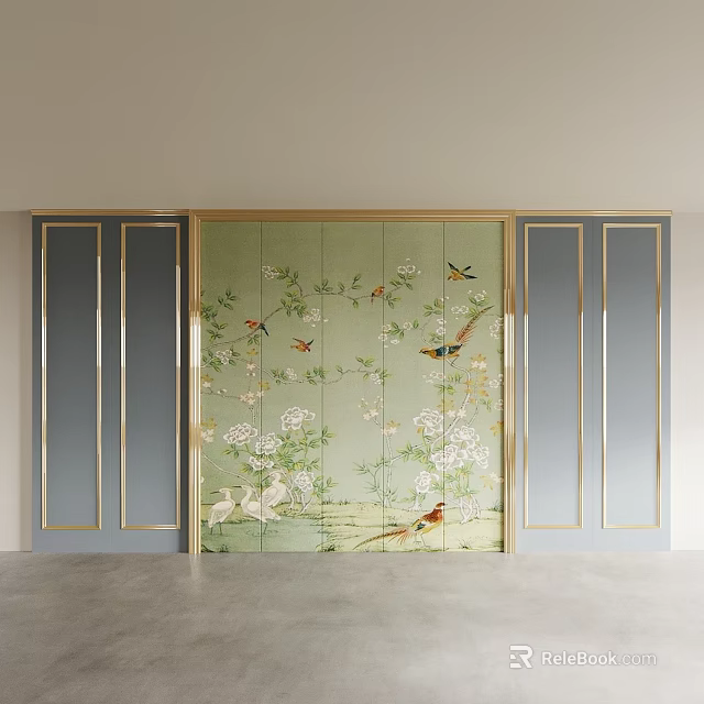 Elegant Bedroom Accent Wall With Green Screen Floral Bird Patterns Gray Panels And Gold Lines 3d model 