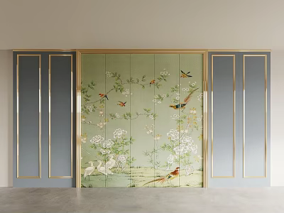 Elegant Bedroom Accent Wall With Green Screen Floral Bird Patterns Gray Panels And Gold Lines 3d model