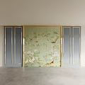 Elegant Bedroom Accent Wall With Green Screen Floral Bird Patterns Gray Panels And Gold Lines