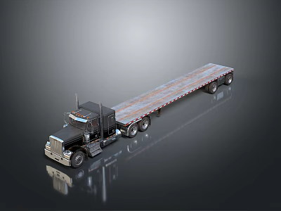 Black Flatbed Truck With Long Wooden Deck And Multiple Wheels On Dark Surface 3d model