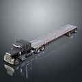 Black Flatbed Truck With Long Wooden Deck And Multiple Wheels On Dark Surface