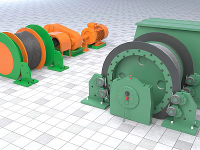 Green And Orange Industrial Winches With Drum And Motor On Tiled Floor 3d model